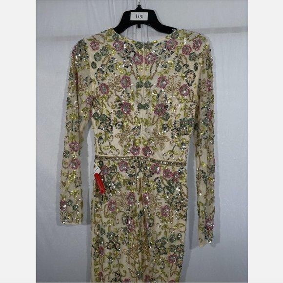 NWT $698 Mac Duggal [ 4 ] Long Sleeve Floral Embellished Gown in Nude Mult #Q633 - Picture 13 of 15